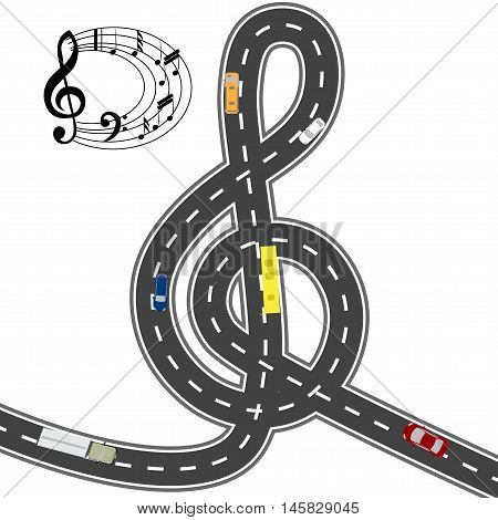 Musical automotive equipment. With the music the way seems shorter. Humorous image. Vector illustration