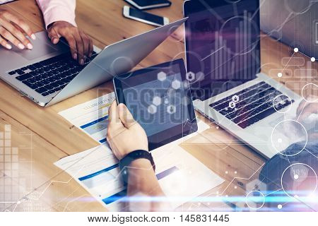 Global Connection Virtual Icon Diagram Interface Marketing Reserch.Business Team Brainstorming Meeting.Coworkers Startup Project.People Making Work Decisions.Electronic Gadgets Graph Screen.Closeup