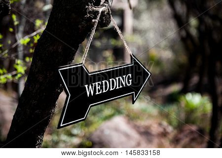 Black arrow with wedding sign hanging from tree