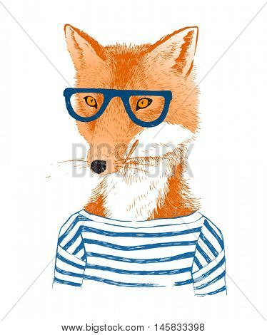 Colorful hand drawn dressed up fox in hipster style
