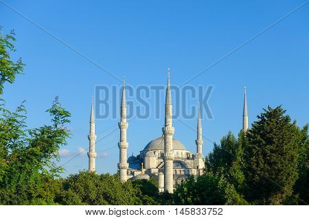 Evening sun rays are illuminating the Blue Mosque in Istanbul Turkey.