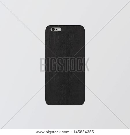 Closeup One Blank Black Clean Template Cover Phone.Highly Textured Natural Wood Case Smartphone Mockup.Generic Design Mobile Back Isolated Empty White Background.Corporate Logo Message.3d rendering