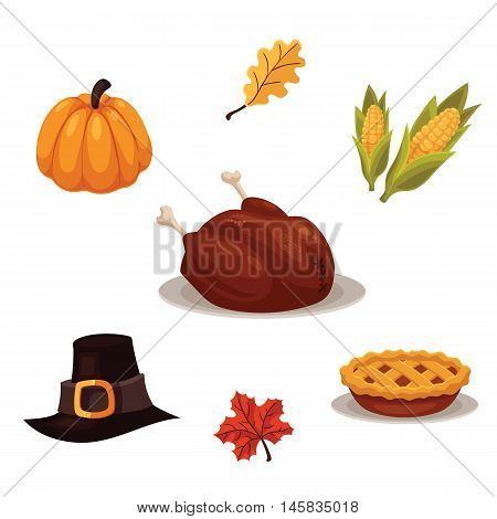 Set of traditional thanksgiving symbols - turkey, pumpkin, pilgrim hat, pie and corn, cartoon style vector illustration isolated on white background. Collection of thanksgiving icons