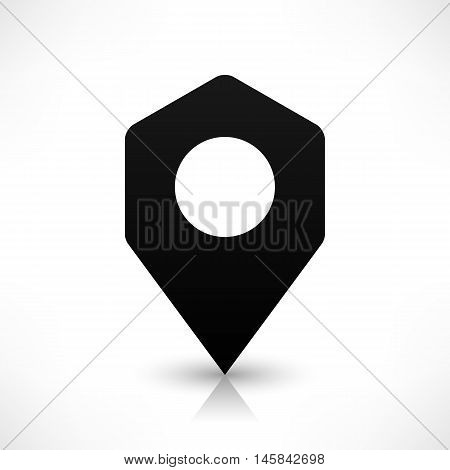 Black empty rounded hexagon map pins sign blank location icon with circular blank copy space and gray shadow reflection on white background in flat style. Vector illustration web design element 8 eps