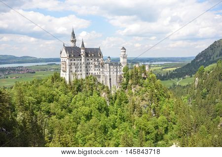 Neuschwanstein Castle above the village of Hohenschwangau near Füssen, in Germany