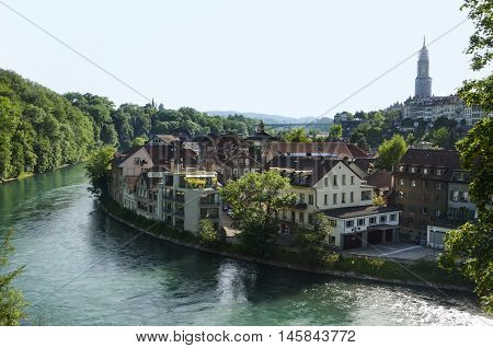 A cityscape view with Bern Cathedral, Switzerland