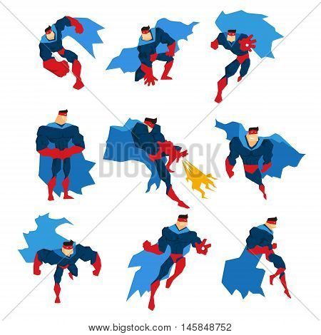 Comics Superhero With Blue Cape In Action Classic Poses Stickers. Stylized Geometric Character With Superpowers Illustrations Isolated On White Background.