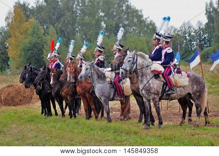 BORODINO MOSCOW REGION - SEPTEMBER 04 2016: Reenactors dressed as Napoleonic war soldiers at Borodino battle historical reenactment in Russia. Color photo.
