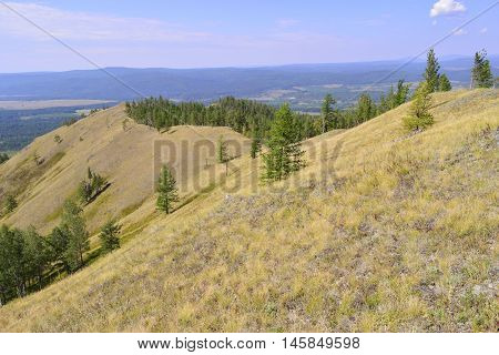 Not high relief mountain with trees and grass