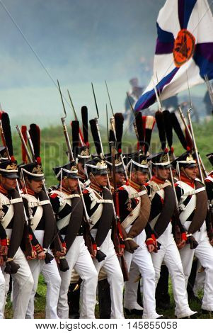 BORODINO MOSCOW REGION - SEPTEMBER 04 2016: Reenactors dressed as Napoleonic war soldiers at Borodino battle historical reenactment in Russia. Color photo.
