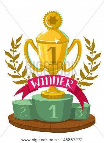 Cup winners with a laurel wreath on the podium. Vector