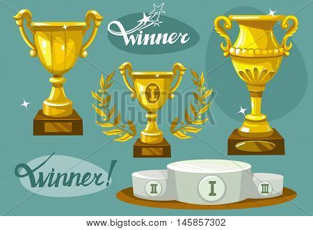 Winner vector set. Podium, winners cup laurel wreath