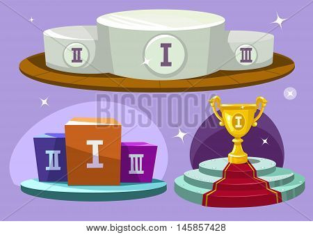 Cartoon winners podium. Winner cup. Vector set Isolated