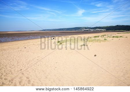 Llanelli Beach on the Loughor Estuary, Carmarthenshire, Wales, UK is a popular Welsh tourist coastline resort