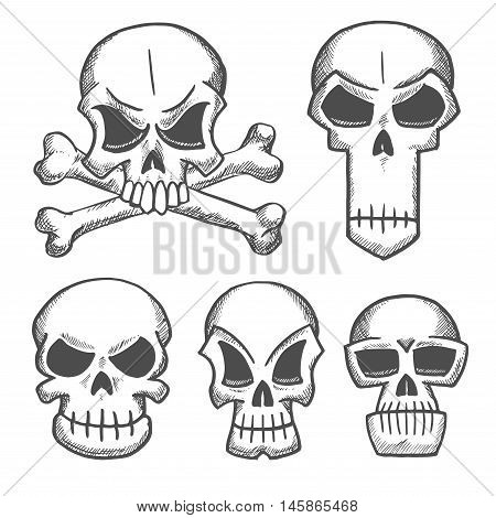 Skulls and craniums with crossbones icons. Vector pencil sketch emblems for cartoon, label, tattoo, halloween decoration