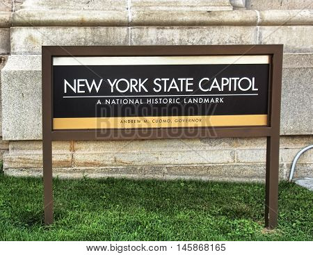 Albany New York USA. September 4 2016. Sign on the lawn of the New York State capitol