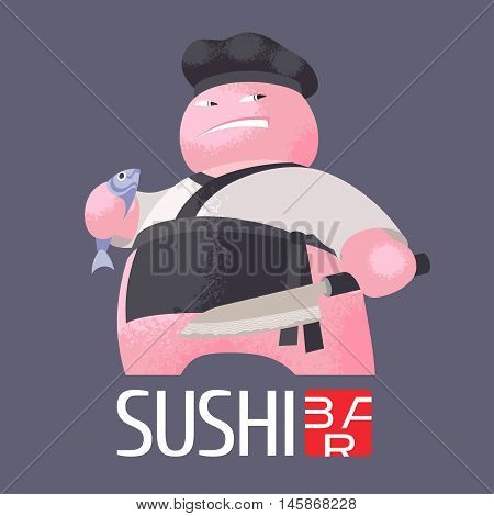 Sushi vector template logo, icon, emblem. Nonstandard design element, illustration with fla style chef for sushi bar, seafood or Japanese restaurant advertising