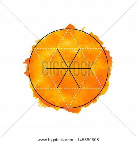 Symbol of alchemy and sacred geometry on the orange watercolor background. Linear character illustration for lines tattoo on the white isolated background
