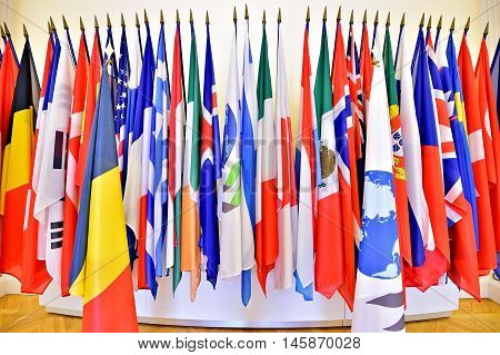 The United Nations Organization members flags on poles