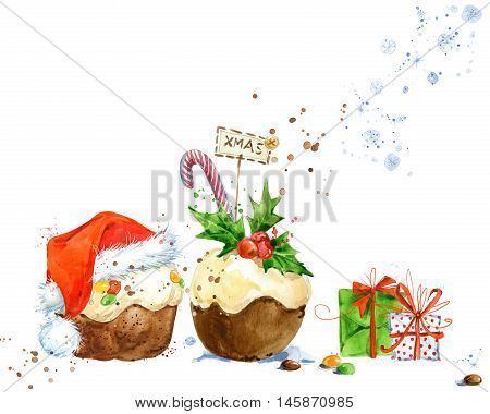 Christmas Card with Christmas cake. Watercolor Christmas cake illustration. Background for New Year invitation card.