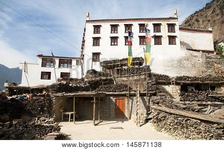 Panoramic view of Marpha village and monastery one of the best villages in round Annapurna circuit trekking trail route Nepal