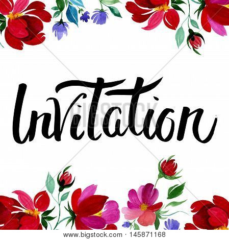 Hand drawn poster with colorful flowers illustration in watercolor with invitation text on it. Could be used for: romantic decoration, background for cards, wedding or greeting invitation cards.