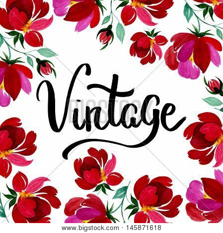 Hand drawn poster in vintage style with red flower on it. Could be used for: romantic decoration, background for cards, wedding or greeting.
