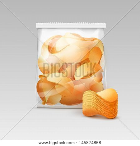 Vector White Vertical Sealed Transparent Plastic Bag for Package Design with Stack of Potato Crispy Chips Close up Isolated on White Background