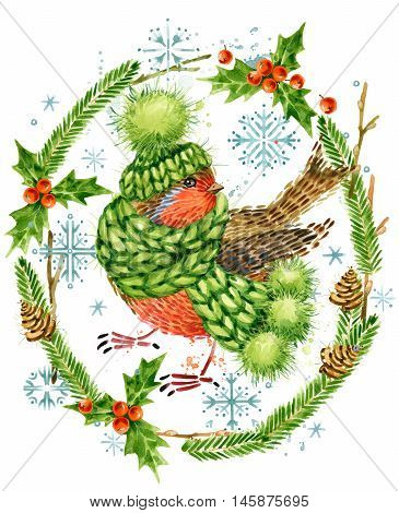Cute bird. Christmas card. Forest animal. Watercolor winter forest illustration. Christmas wreath frame. watercolor winter holidays background.