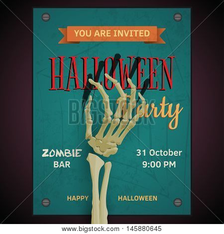 Vector Halloween party poster  with dead man's zombie arm on invitation to party