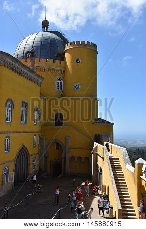 SINTRA, PORTUGAL - AUG 20: Pena Palace in Sintra, Portugal, as seen on Aug 20, 2016. The palace is a UNESCO World Heritage Site and one of the Seven Wonders of Portugal.