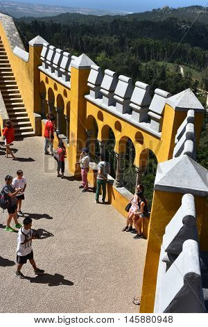 SINTRA, PORTUGAL - AUG 20: Pena Palace in Sintra, Portugal, as seen on Aug 20, 2016. The palace is a UNESCO World Heritage Site and one of the Seven Wonders of Portugal.