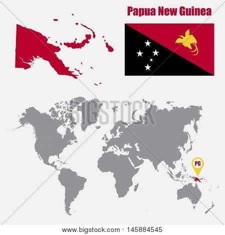 Papua New Guinea map on a world map with flag and map pointer. Vector illustration