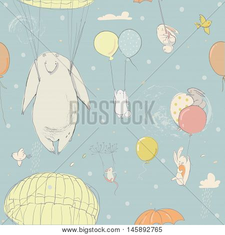 seamless pattern with balloons, cute little hares and polar bear