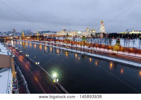 top view moscow River and Moscow Kremlin in winter night.
