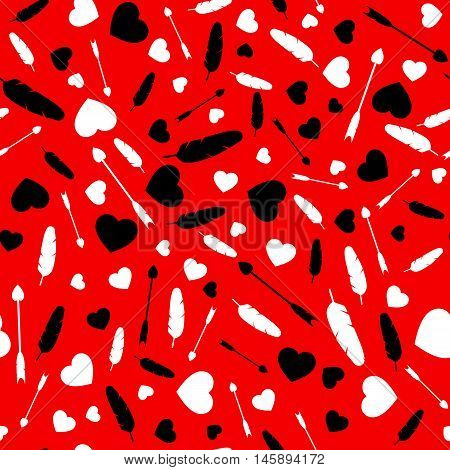 Many hearts, arrows and feather. Different size. Seamless pattern