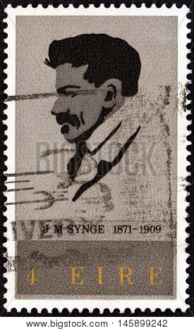 IRELAND - CIRCA 1971: A stamp printed in Ireland issued for the birth centenary of J. M. Synge shows playwright John Millington Synge, circa 1971.