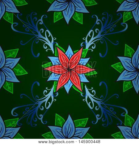 green leaves pattern on a blue background. floral seamless with dark blue foliage translucent on a blue. Red and blue flowers.