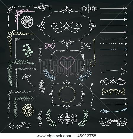 Set of Hand Drawn Doodle Design Elements. Rustic Decorative Line Borders, Dividers, Arrows, Swirls, Scrolls, Ribbons, Banners, Frames Corners Objects on Chalkboard Taxture. Vector Illustration