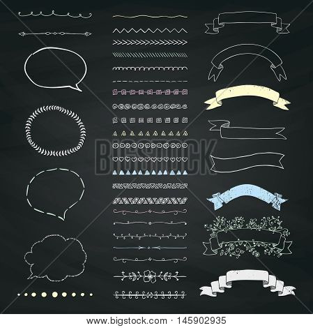 Set of Hand Drawn Doodle Design Elements. Rustic Decorative Line Borders, Dividers, Arrows, Swirls, Scrolls, Ribbons, Banners, Frames Corners Objects on Chalkboard Taxture. Vector Illustration