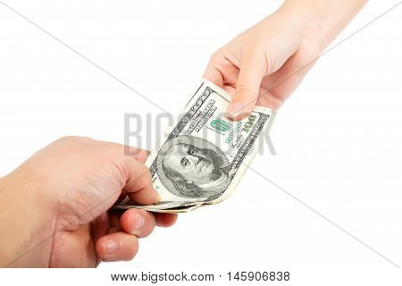 Transferring of money from hand to hand is isolated on a white background.