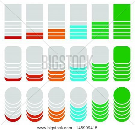 Vertical Progress, Level Indicators. Symbols To Show Progression, Steps, Phases. Square, Rounded Squ