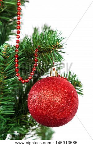 Christmas tree the decorated the red balls.
