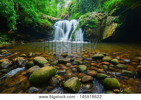 Waterfall with many rocks at Phu Soi Dao in Uttaradit, Thailand.