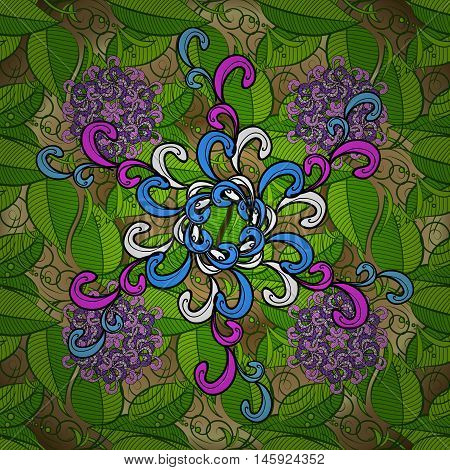 lilac blue pink and white mandala with green leaves pattern on a yellow background.