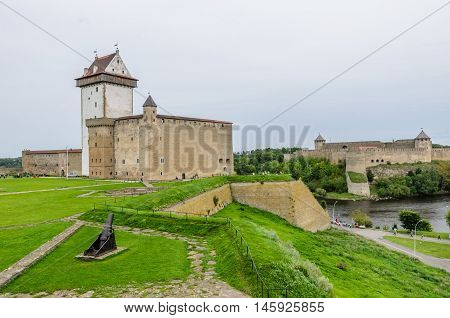 Narva, Estonia - August 13, 2016: the Narva castle, a view of the Pikk Hermann tower.