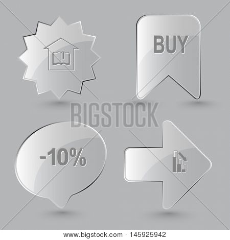 4 images: library, buy, -10%, graph degress. Business set. Glass buttons on gray background. Vector icons.