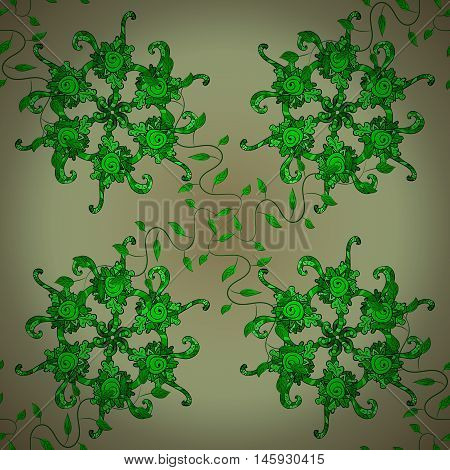 Vector green mandala with round golden background.