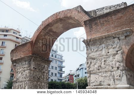 Thessaloniki, Greece - September 04 2016: The Arch of Galerius.Emperor view. Only three of the eight pillars and parts of the arches survive today.