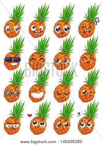 Pineapple set of funny smiles. Fruit and food collection. Vector cartoon illustration. Cute stylish characters.